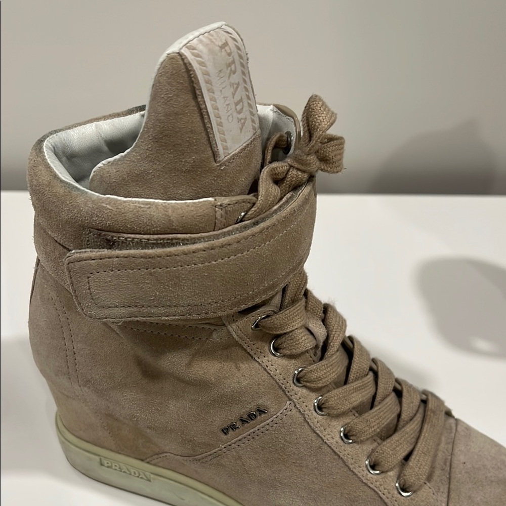 Prada Tan High-Top Sneakers with Concealed Wedge - Picture 2 of 4